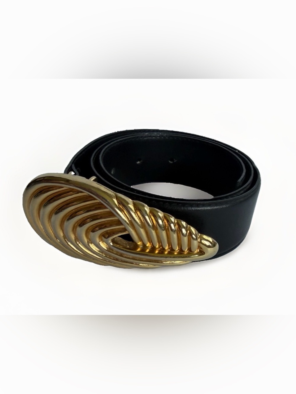 VTG R&R Black Genuine Leather Belt Gold Swirl Statement Buckle S